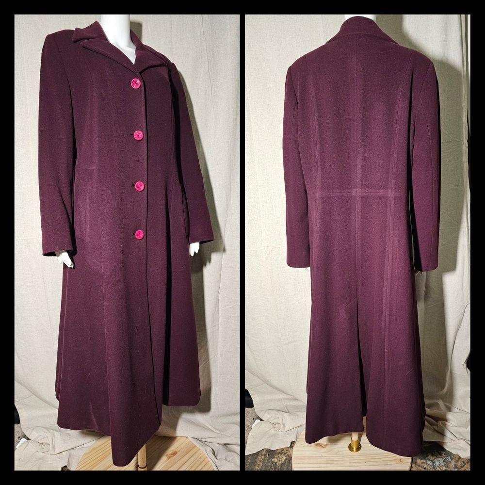 Kristen Blake Virgin Wool & Cashmere Trench Coat Burgundy Wine Sz 12